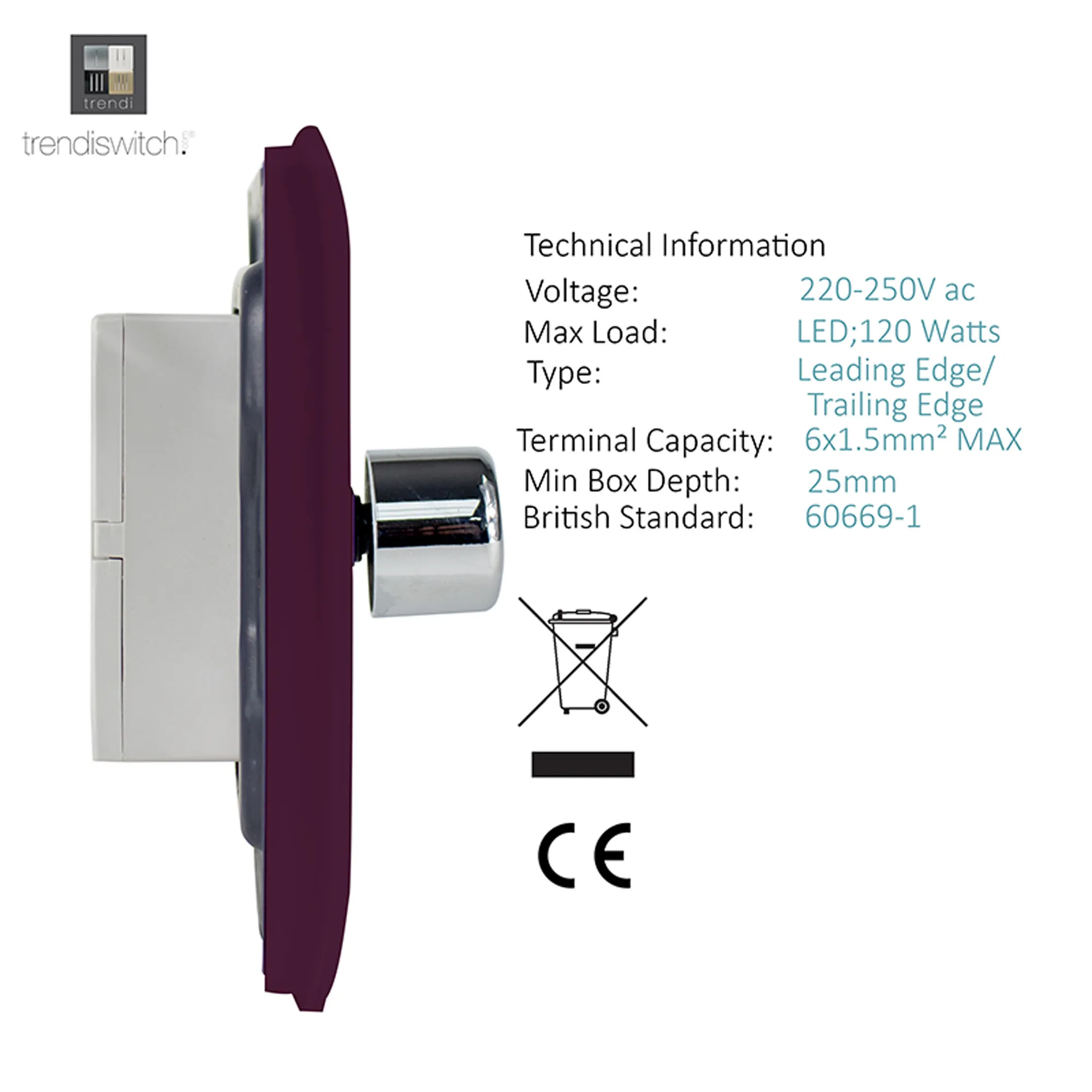 1 Gang 1 Way LED Dimmer Switch Plum ART-LDMPL  Trendi Plum